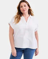 Style & Co Plus Cotton Gauze Collared Popover Top, Macy's Exclusive