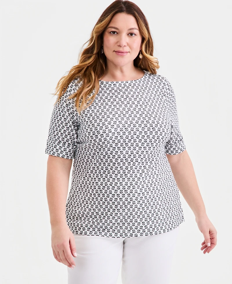 Style & Co Plus Printed Boat-Neck Elbow Sleeve Cotton Top
