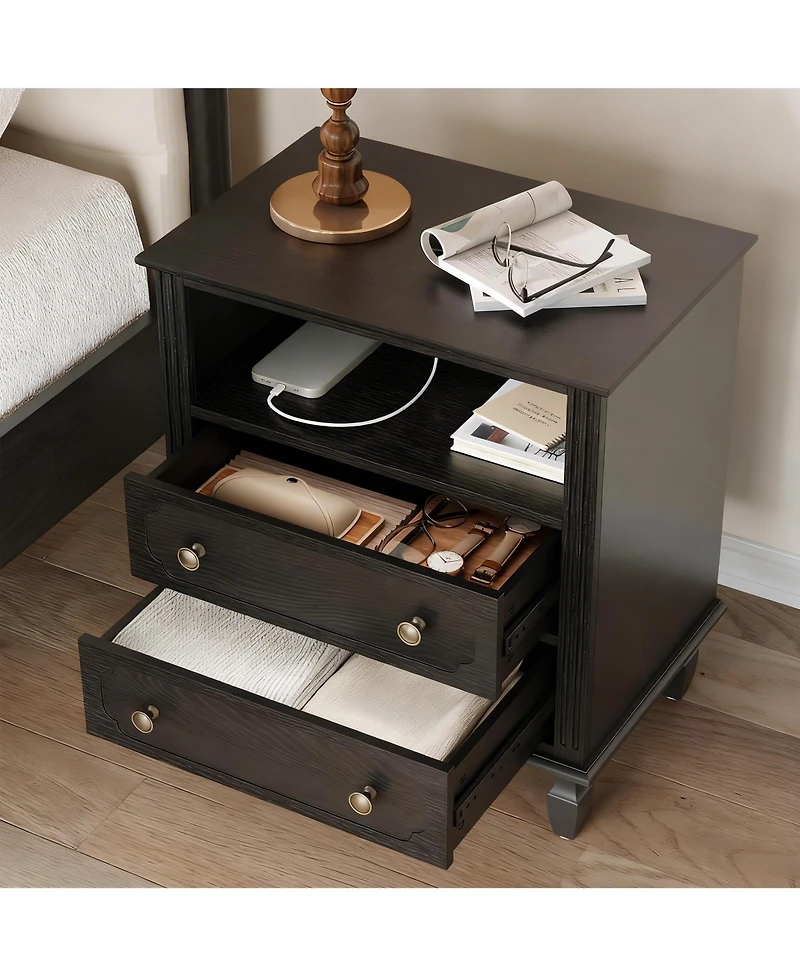 Yigii Wood Grain Nightstand with Charging Hub