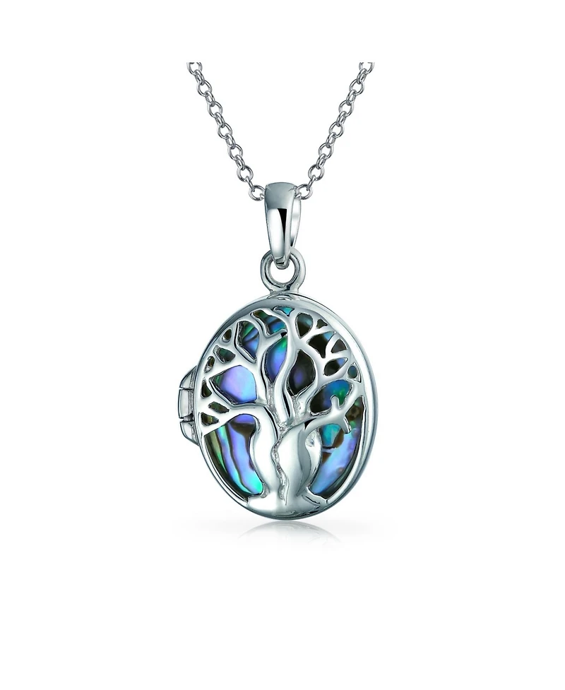 Bling Jewelry Keepsake Abalone or Mother Of Pearl Shell Oval Tree Life Locket Holds Photos Pendant Necklace Sterling Silver