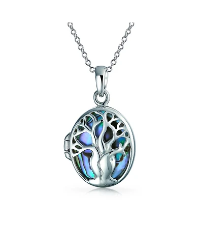 Bling Jewelry Keepsake Abalone or Mother Of Pearl Shell Oval Tree Life Locket Holds Photos Pendant Necklace Sterling Silver