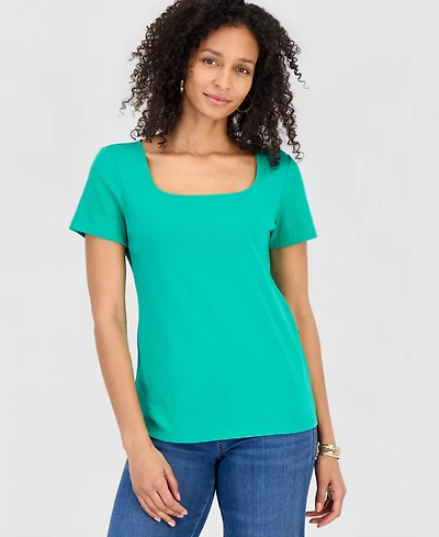 Style & Co Petite Cotton Square-Neck Short-Sleeve T-Shirt, Exclusively at Macy's