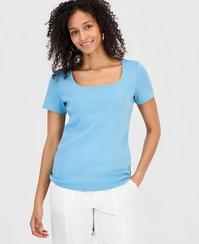 Style & Co Petite Cotton Square-Neck Short-Sleeve T-Shirt, Exclusively at Macy's