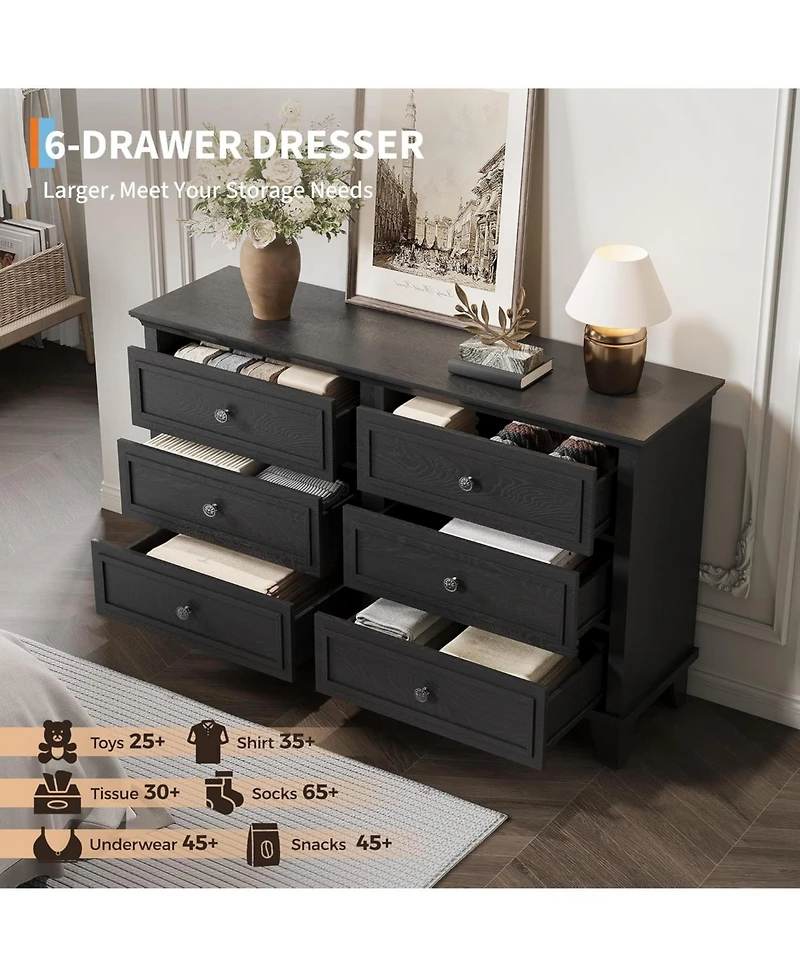 gaomon Farmhouse Dresser for Bedroom with 6 Drawer, Double Tv Stand Vintage Handle, Wide Wood Dressers & Chests of Drawers