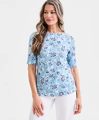 Style & Co Women's Printed Boat-Neck Elbow-Sleeve Top, Macy's Exclusive