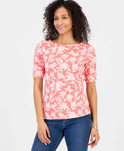 Style & Co Women's Printed Boat-Neck Elbow-Sleeve Top, Macy's Exclusive