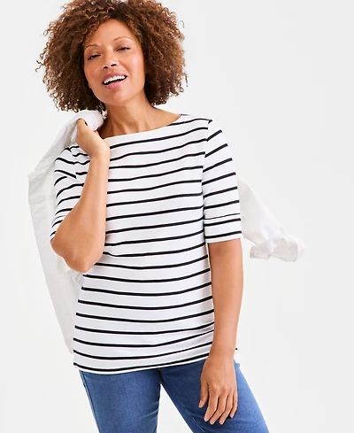 Style & Co Women's Printed Boat-Neck Elbow-Sleeve Top, Macy's Exclusive