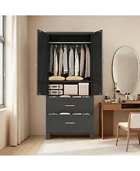Streamdale 71" Black Metal Wardrobe Cabinet with 2 Drawers, Hanging Rod & Shelf