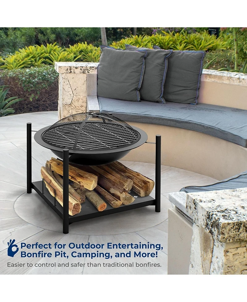 SereneLife Outdoor Wood Fire Pit Steel Bbq Grill with Mesh Spark Screen, Log Grate, Poker & Cover