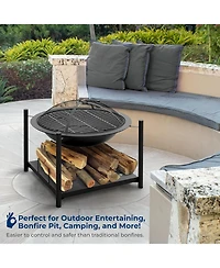 SereneLife Outdoor Wood Fire Pit Steel Bbq Grill with Mesh Spark Screen, Log Grate, Poker & Cover