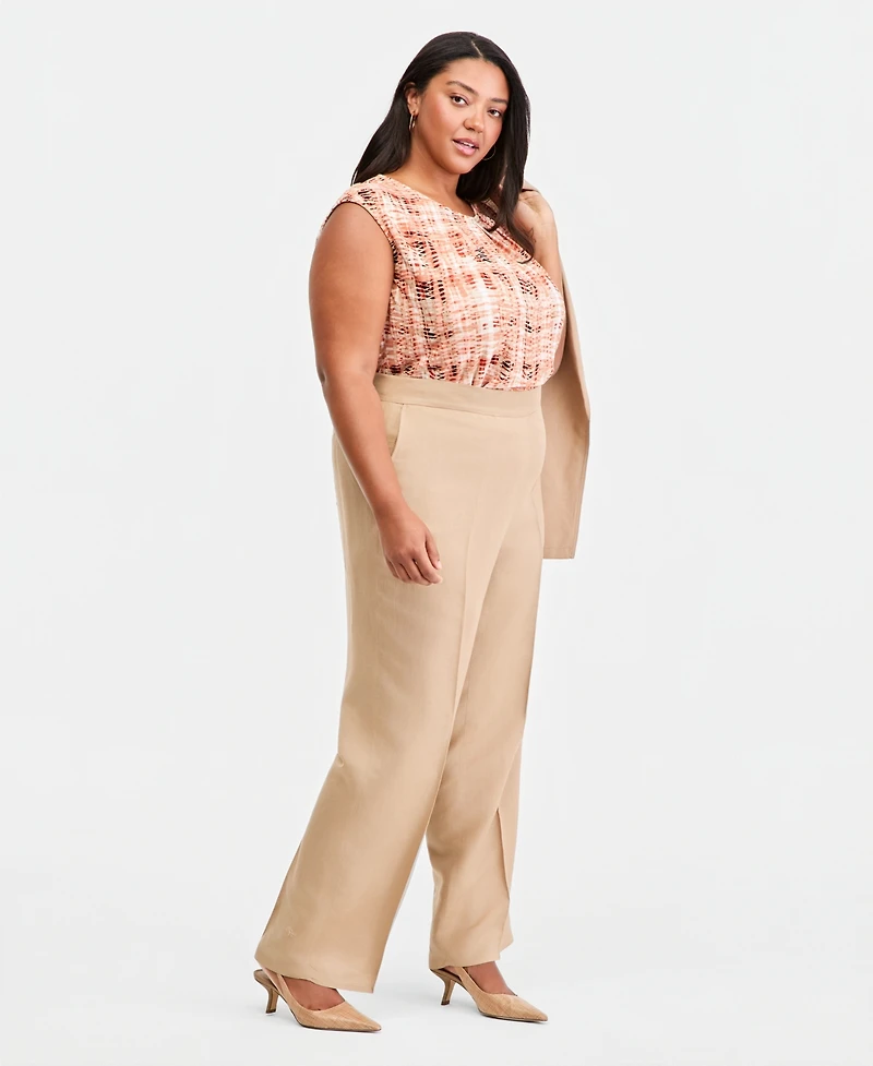 Kasper Plus High-Rise Press-Pleat Wide-Leg Pants