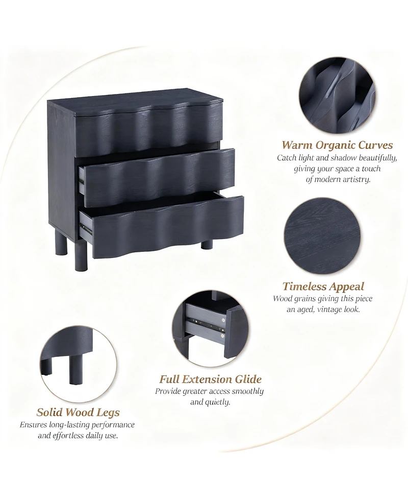 Yigii Modern 3 Drawer Dresser with Wave Design for Bedroom