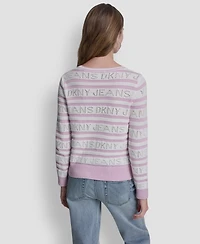 Dkny Jeans Women's Crewneck Logo Pointelle Striped Sweater