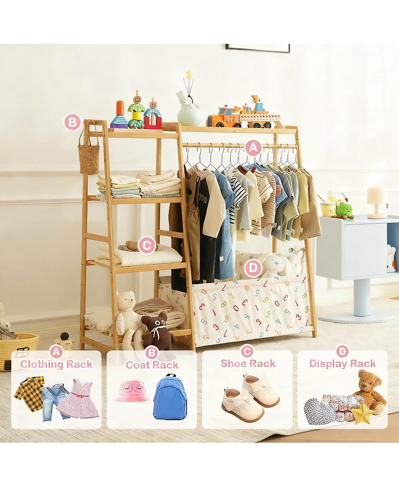 Yigii Children's 5-Tier Storage Rack with Hanging & Concealed Toy Bag