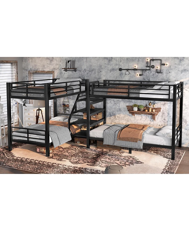 Streamdale Furniture Twin L-Shaped Metal Bunk Bed with Storage Shelves & Guardrail