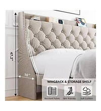 gaomon Size Bed Frame with Upholstered Wingback Headboard, Luxurious Linen Upholstery Platform Bed with Charging Station, Button Tufted Design