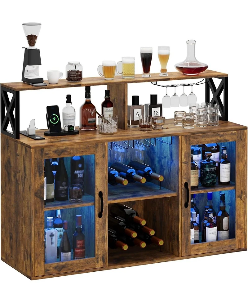 gaomon Wine Bar Liquor Cabinet with Led Lights Wine Glass Holder & Rack Kitchen Coffee Bar Cabinet Sideboard Cabinet Bars with Storage