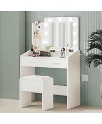 gaomon Compact vanity desk with Led mirror, 3 light modes, 2 drawers, power outlets, and cushioned stool for organized, well-lit makeup use.