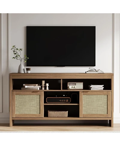 gaomon Rattan Tv Stand with Storage Place for Living Room, Brown Tv Console Cabinet with Shelf, for 45/55/65 in Tv, Wood