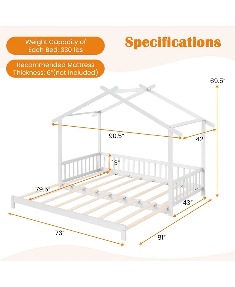 Sugift Extendable House Bed Twin to King Daybed with Roof and Fence Rails