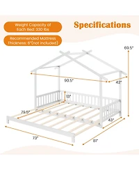 Sugift Extendable House Bed Twin to King Daybed with Roof and Fence Rails