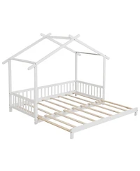 Sugift Extendable House Bed Twin to King Daybed with Roof and Fence Rails