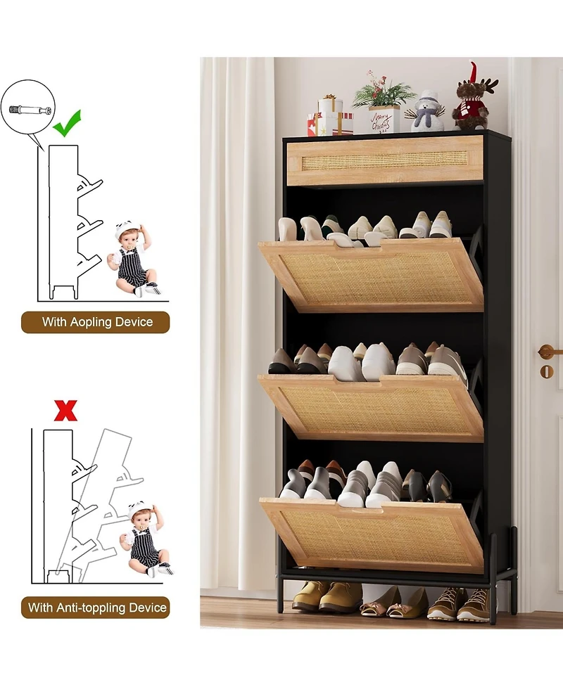 gaomon Rattan Shoe Cabinet – Freestanding Shoe Rack with 3 Flip Doors & 1 Drawer, Adjustable Shelves, Metal Legs, Modern Entryway and Hallway