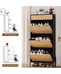 gaomon Rattan Shoe Cabinet – Freestanding Shoe Rack with 3 Flip Doors & 1 Drawer, Adjustable Shelves, Metal Legs, Modern Entryway and Hallway