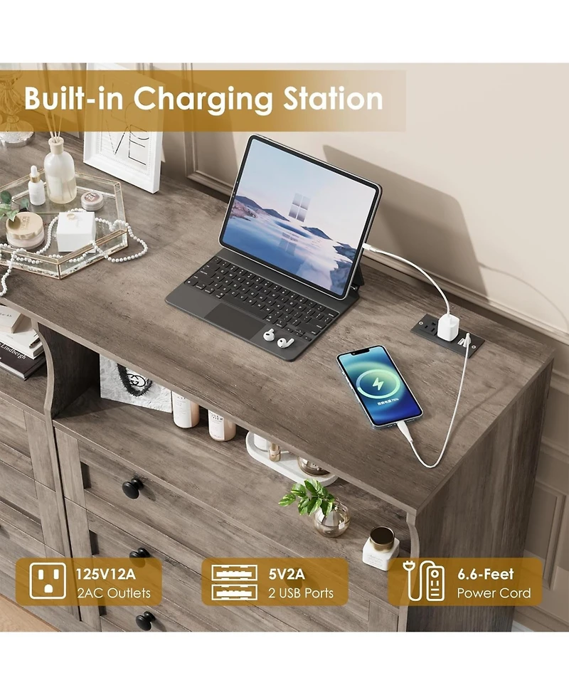 gaomon Wood Dressers for Bedroom with 6 Drawer, Wooden Dresser with Led Lights and Power Outlet, Modern Chest of Drawers for Living Room Entryway