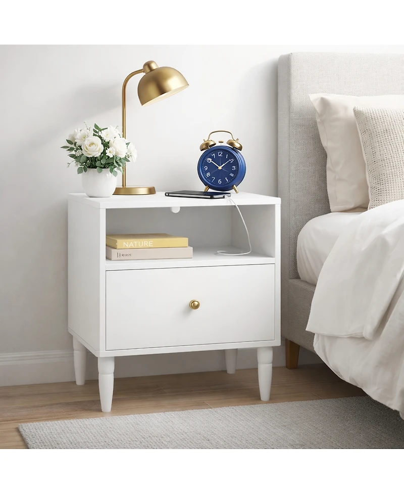 Streamdale Furniture Modern White Nightstand with Drawer & Open Shelf, Bedside Table