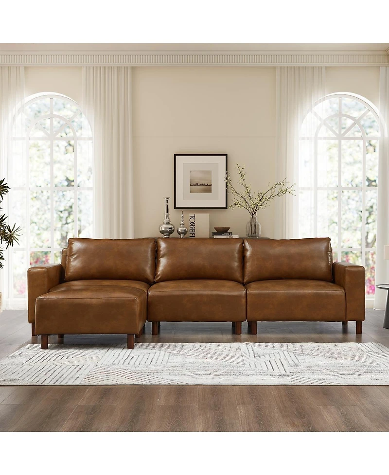Streamdale Furniture Modern Luxury Pu Leather Sectional Sofa Couch with Convertible Ottoman, Brown
