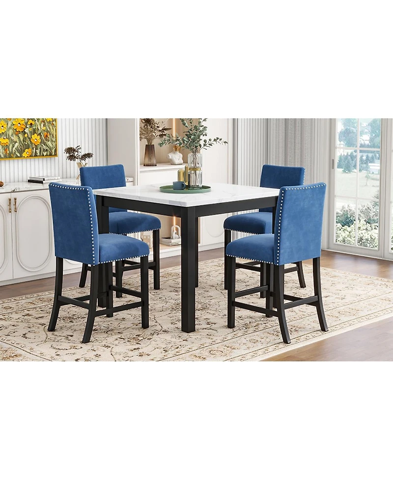 Streamdale Furniture 5-Piece Counter Height Dining Set with Faux Marble Table & Velvet Chairs
