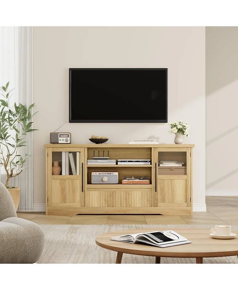 gaomon Retro Tv Stand for 75 Inch TVs, Wave Pattern Media Console with 2 Glass Door Cabinets & Open Shelves