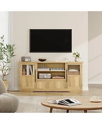 gaomon Retro Tv Stand for 75 Inch TVs, Wave Pattern Media Console with 2 Glass Door Cabinets & Open Shelves