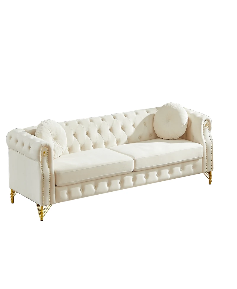 Streamdale Furniture Velvet Chesterfield Sofa with Pillows & Studs, Metal Legs.