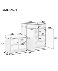Rainsken Entryway Bench Shoe Cabinet with Adjustable Shelves and Hooks