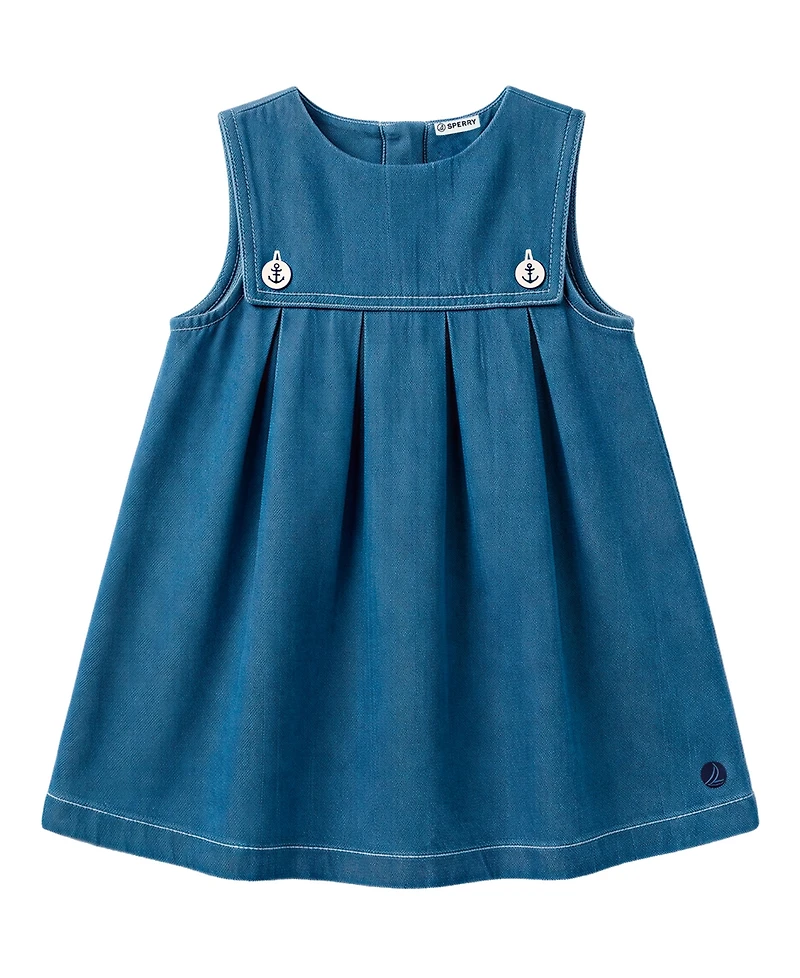 Sperry Baby Girls' Denim Jumper Dress & Bodysuit with Hairclip and Band, 2-Piece Set