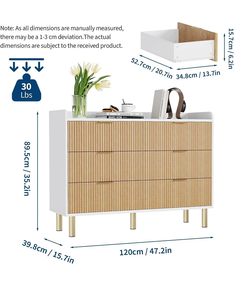 gaomon Dresser for Bedroom, 47.2" Fluted Wood Double Dresser with Metal Handles Curved Design Wide Storage Organizer Cabinet