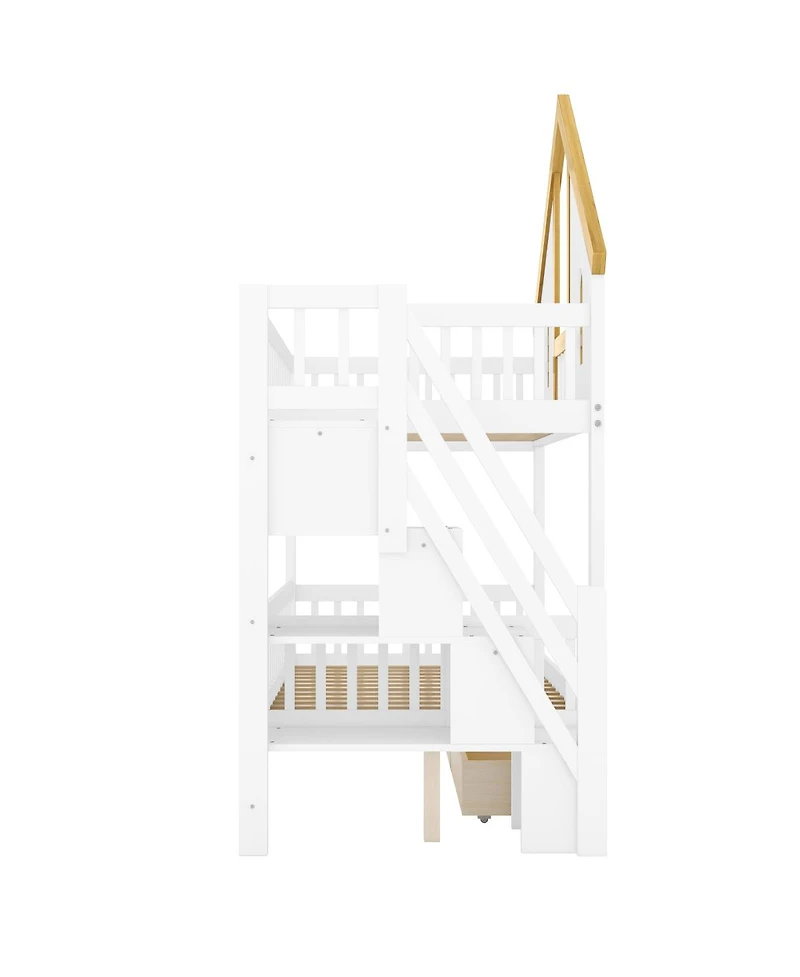 Streamdale Furniture Twin Size Wooden House Bunk Bed with Window, Door, Roof, Drawers & Stairs