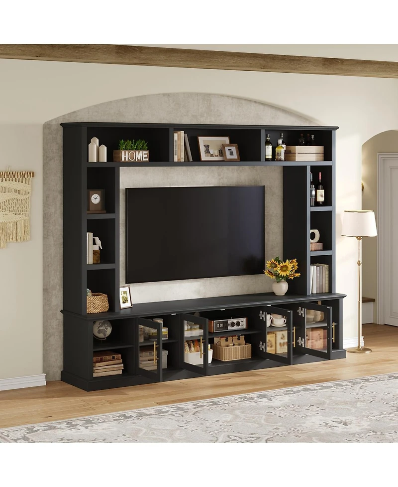 Streamdale Furniture Entertainment Center Wall Unit for TVs up to 80" with Bookshelves & Glass Doors