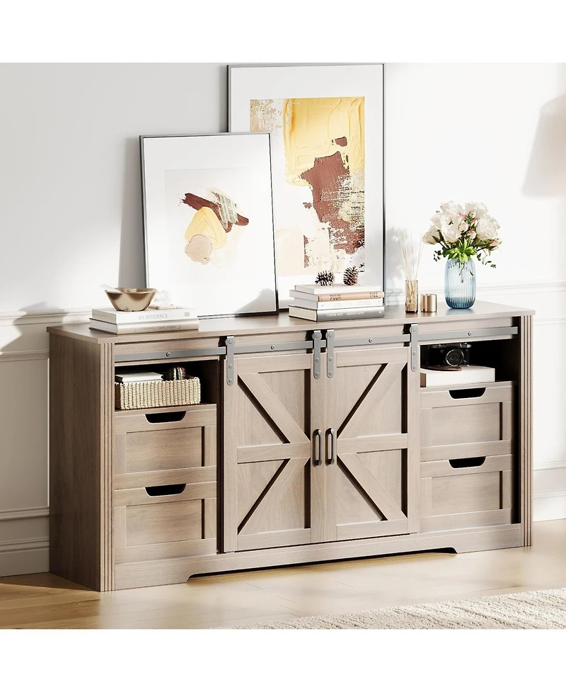 gaomon Farmhouse Tv Stand for Up to 70 TVs, 66 Entertainment Center w/4 Drawers & Sliding Barn Door