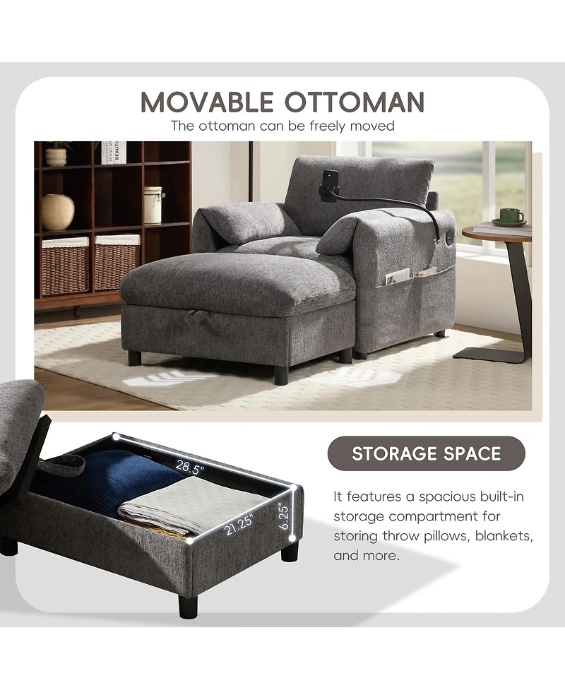 Streamdale Furniture 37" Sofa with Storage Ottoman, Phone Holder, Charger, Pockets, Chenille Armchair