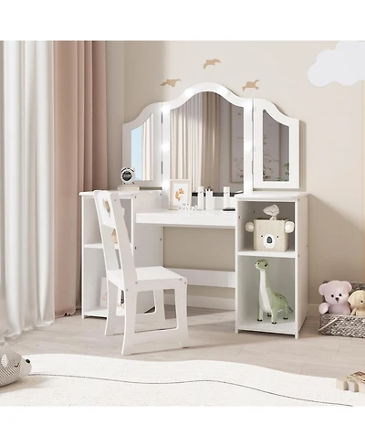 gaomon Kids Vanity Set with Mirror, 2-in-1 Wooden Toddler Vanity Table with Stool, Tri-Folding Mirror and Drawer for Pretend Play