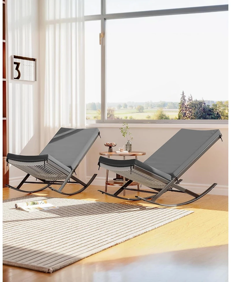 gaomon Outdoor Rocking Lounge Chair Set of 2, Patio Chaise Lounge with Removable Cushion for Napping Relaxing, Indoor Reclining Papasan Rocker Chair