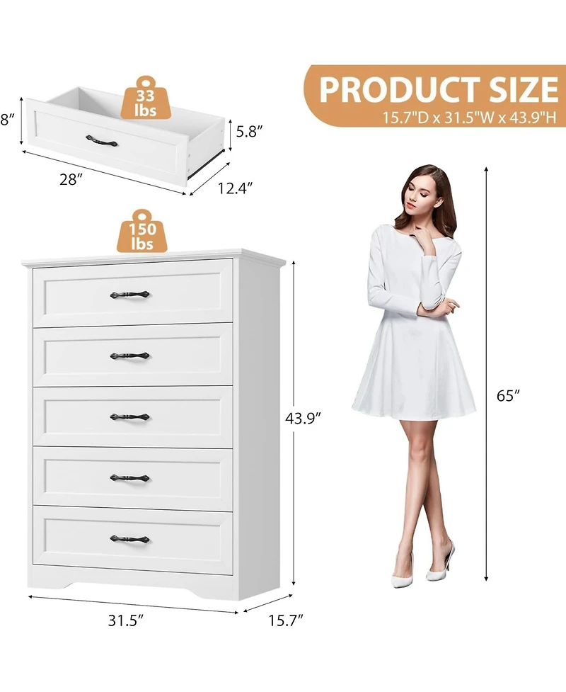 gaomon 5 Drawer Dresser for Bedroom, Wooden Tall Chest with Wide Metal Handle, Farmhouse Modern Storage Organizer
