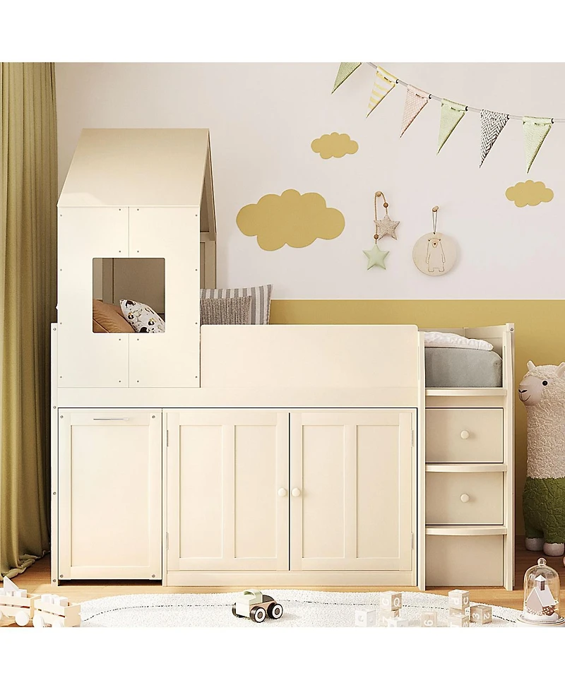 Streamdale Furniture Twin Size Wooden Loft Bed with Desk, Drawers,Cabinets