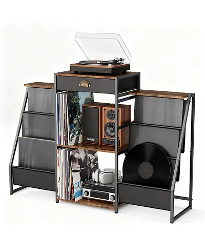 Yigii 6-Bin Vinyl Record Storage with Drawer & Side Shelves for Turntable