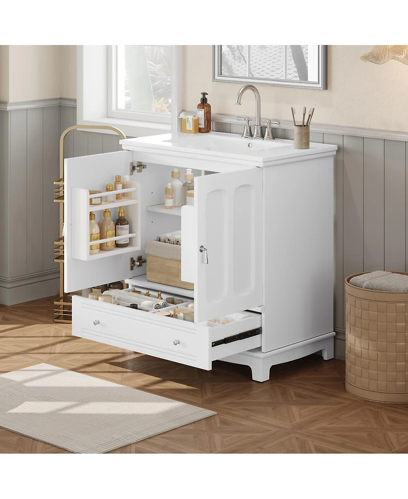 Sillysis 30" Bathroom Vanity with Integrated Sink, Solid Wood & Mdf Cabinet, Adjustable Shelf, Modern Storage