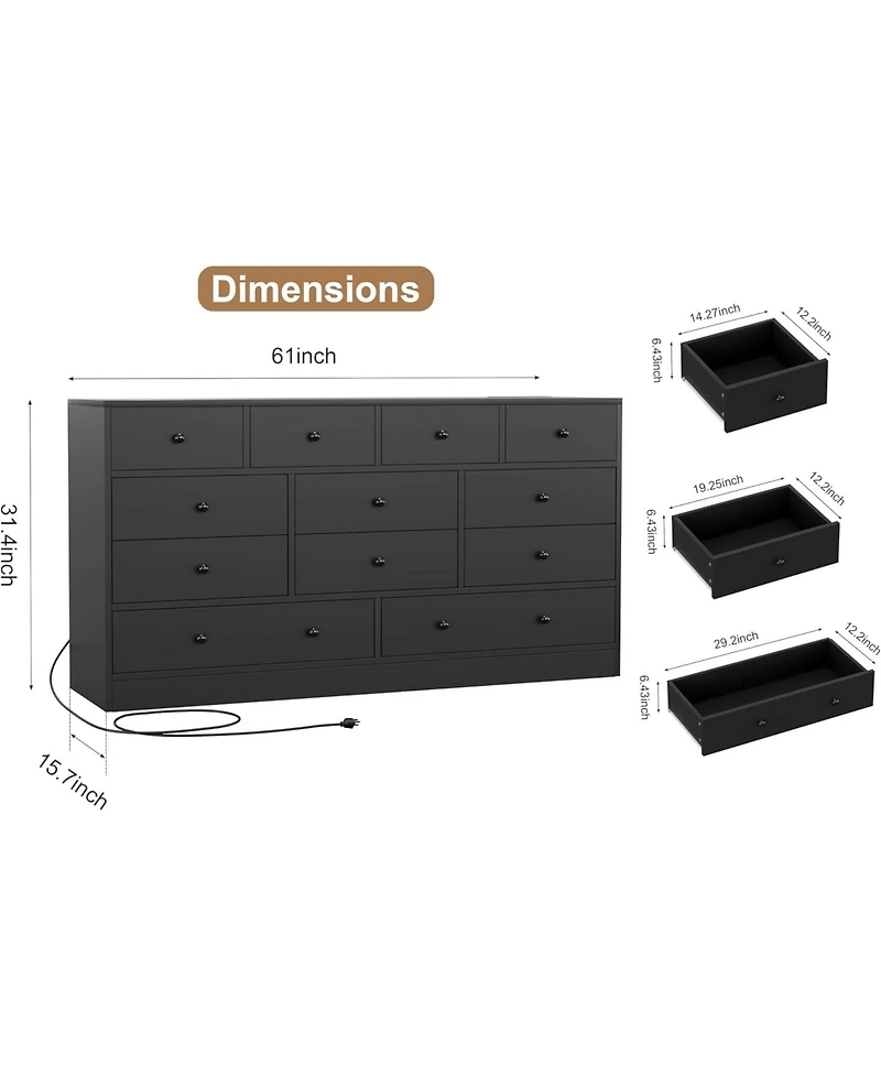gaomon Drawer Dresser for Bedroom, 61 Long Modern Black Tv Stand with Charging Station, Large Wooden Chest Od Drawers Nursery, Closet