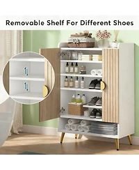 Rainsken 7-Tier Shoe Cabinet, Wooden Shoes Rack, Shoe Storage Organizer with Doors and Adjustable Shelves for Entryway